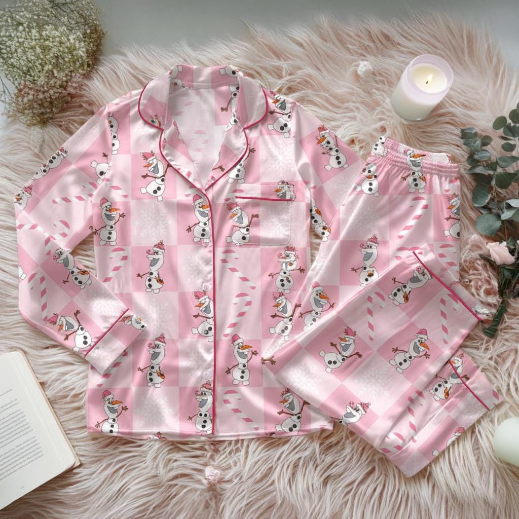 Disney Olaf Christmas Satin Pajamas Set, Disney Frozen Party Sleepwear, Snowman Pajamas Set, Olaf Christmas Party Gift