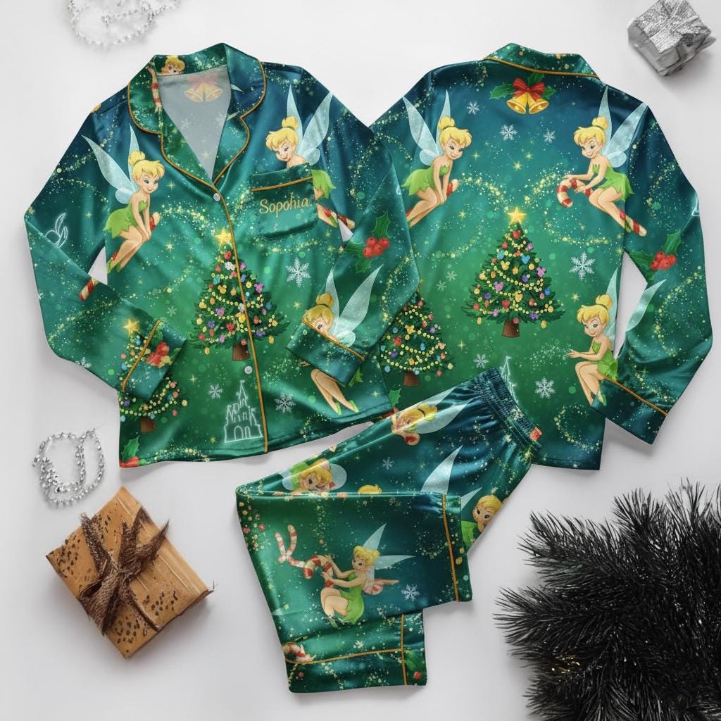 Disney Tinker Bell Christmas Satin Pajamas Set, Disney Fairytale Pjs, Disneyland Fairy Magical Movie Cartoon Pajamas, Tinker Bell Sleepwear