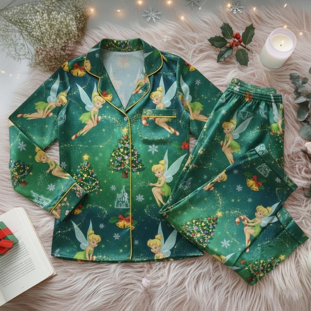 Disney Tinker Bell Christmas Satin Pajamas Set, Disney Fairytale Pjs, Disneyland Fairy Magical Movie Cartoon Pajamas, Tinker Bell Sleepwear