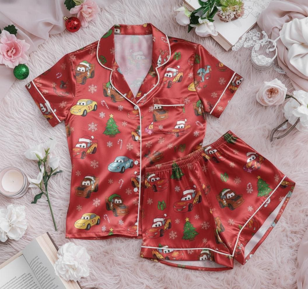 Disney Cars Christmas Satin Pajamas Set, Cute Radiator Springs Christmas Sleepwear, Disney Pixar Cars Holiday Family Matching Pajamas