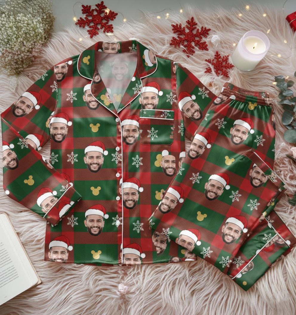 Custom Face Christmas Satin Pajamas Set, Personalized Photo Pajamas, Photo and Face Pajamas, Family Matching Holiday Pajamas, Family Pajamas