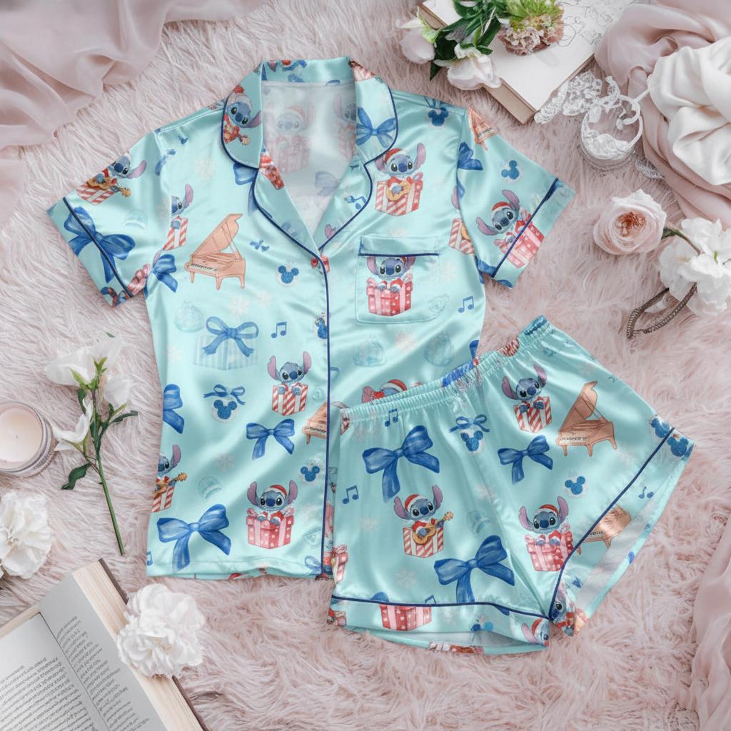 Cute Coquette Stitch Christmas Satin Pajamas Set, Disney Lilo And Stitch Matching Family Pajamas, Holiday Sleepwear, Disney Christmas pjs