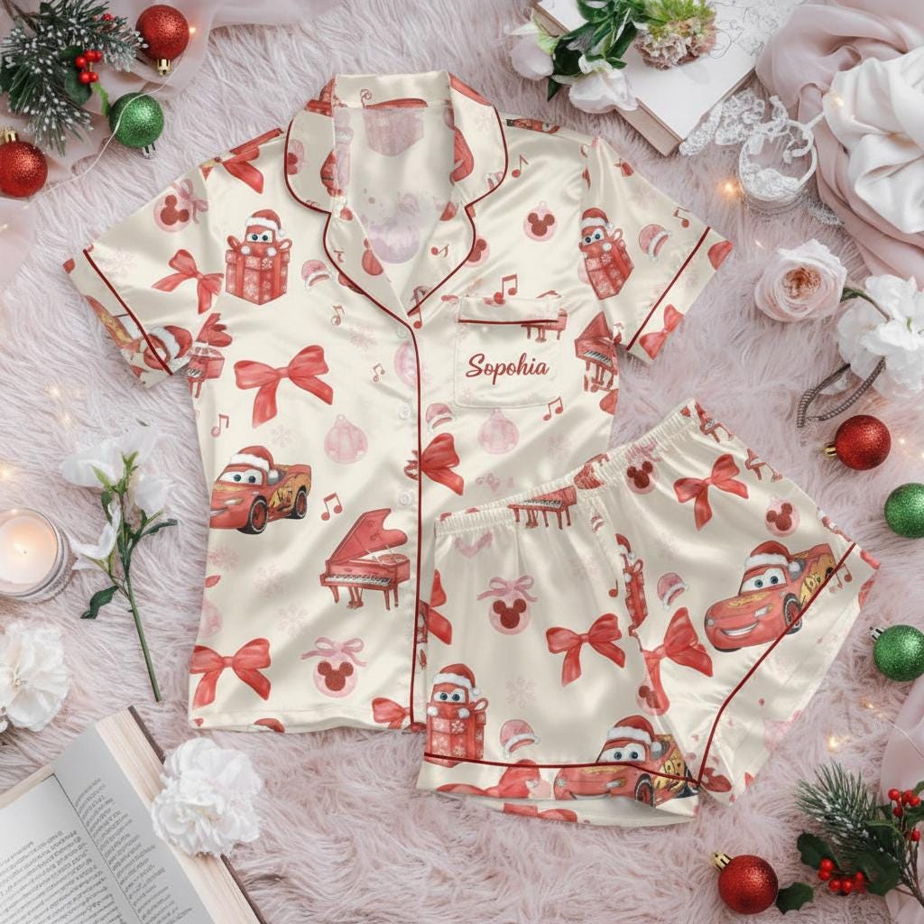 Cute Coquette Lightning McQueen Christmas Satin Pajamas Set, Disney cars Matching Family Pajamas, Holiday Sleepwear, Disney Christmas pjs