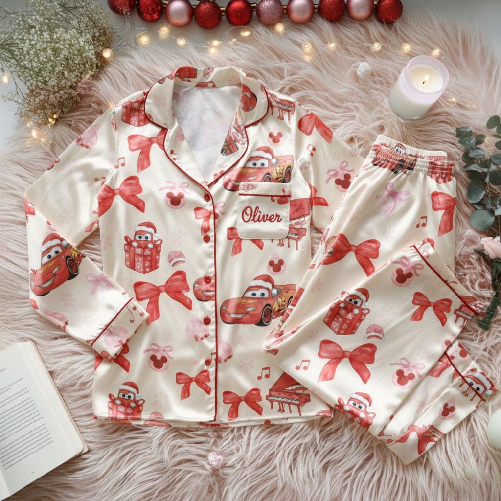Cute Coquette Lightning McQueen Christmas Satin Pajamas Set, Disney cars Matching Family Pajamas, Holiday Sleepwear, Disney Christmas pjs
