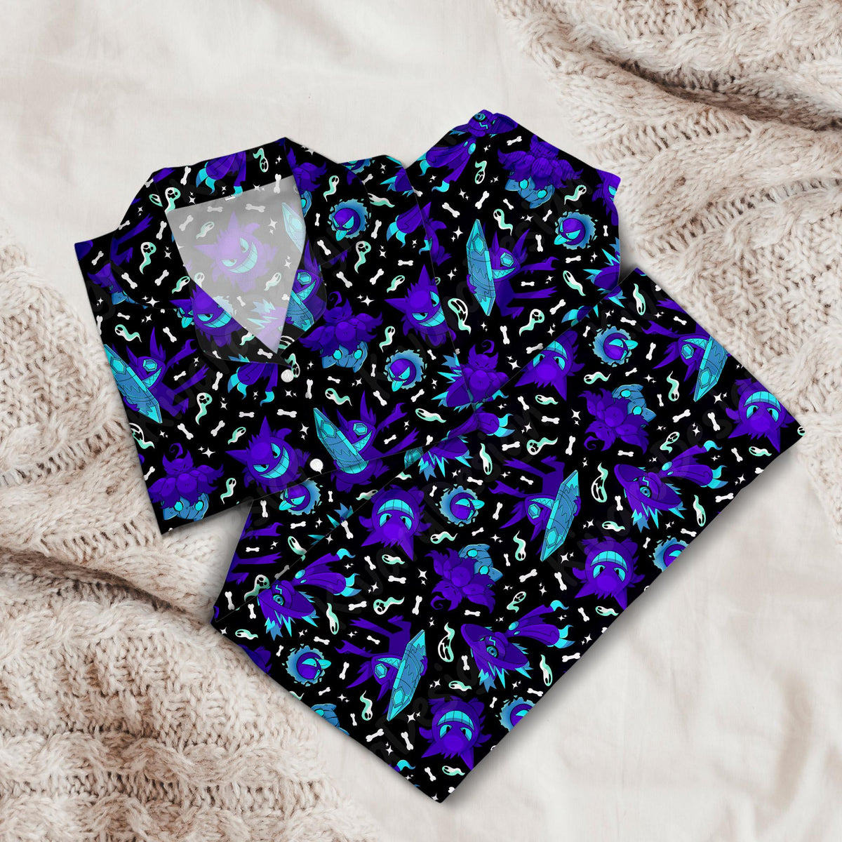 Ghostly Mystic Pajamas Set Fire Blue Ghost Anime Loungewear Polyester Blend Couple Pajamas Set