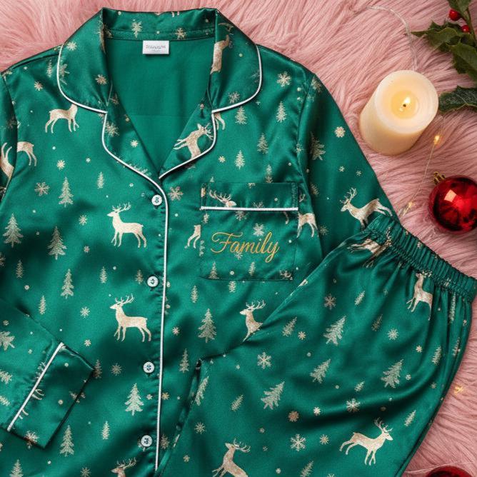 Custom Name Christmas Reindeer and Christmas Tree Satin Pajamas Set, Family Christmas Sleepwear, Reindeer Pajamas, Christmas Pajamas