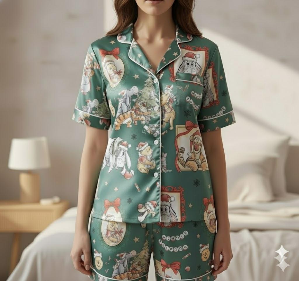 Coquette Disney Winnie The Pooh Christmas Satin Pajamas Set, Pooh And Friends Pajamas, Family Matching Pajamas, Disney Christmas Pajamas