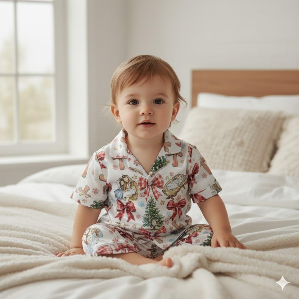 Coquette Nativity Scene Christmas Satin Pajamas Set, Family Matching Pajamas, Joy To The World, Oh Holy Night Pjs, Christian Religous Gift