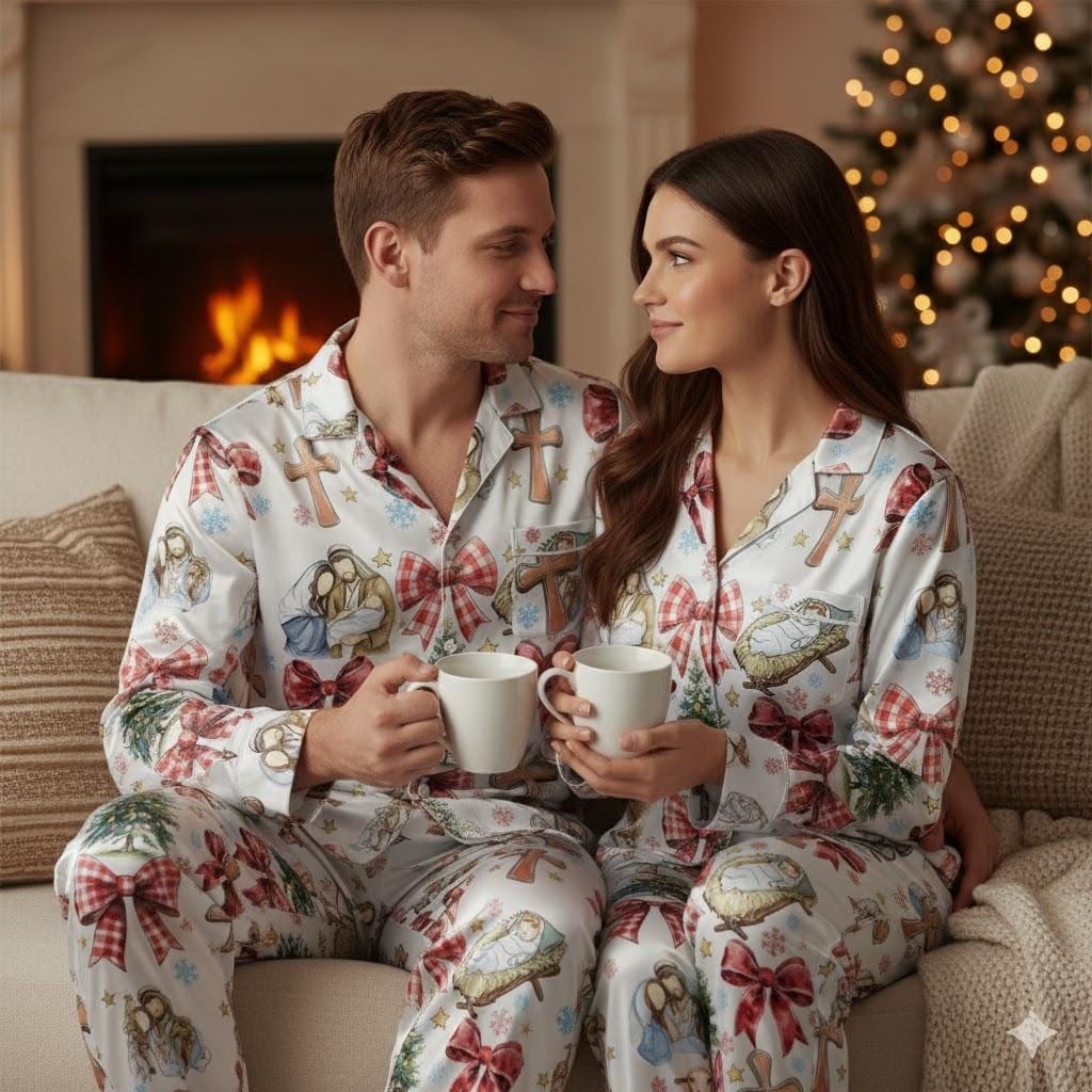 Coquette Nativity Scene Christmas Satin Pajamas Set, Family Matching Pajamas, Joy To The World, Oh Holy Night Pjs, Christian Religous Gift