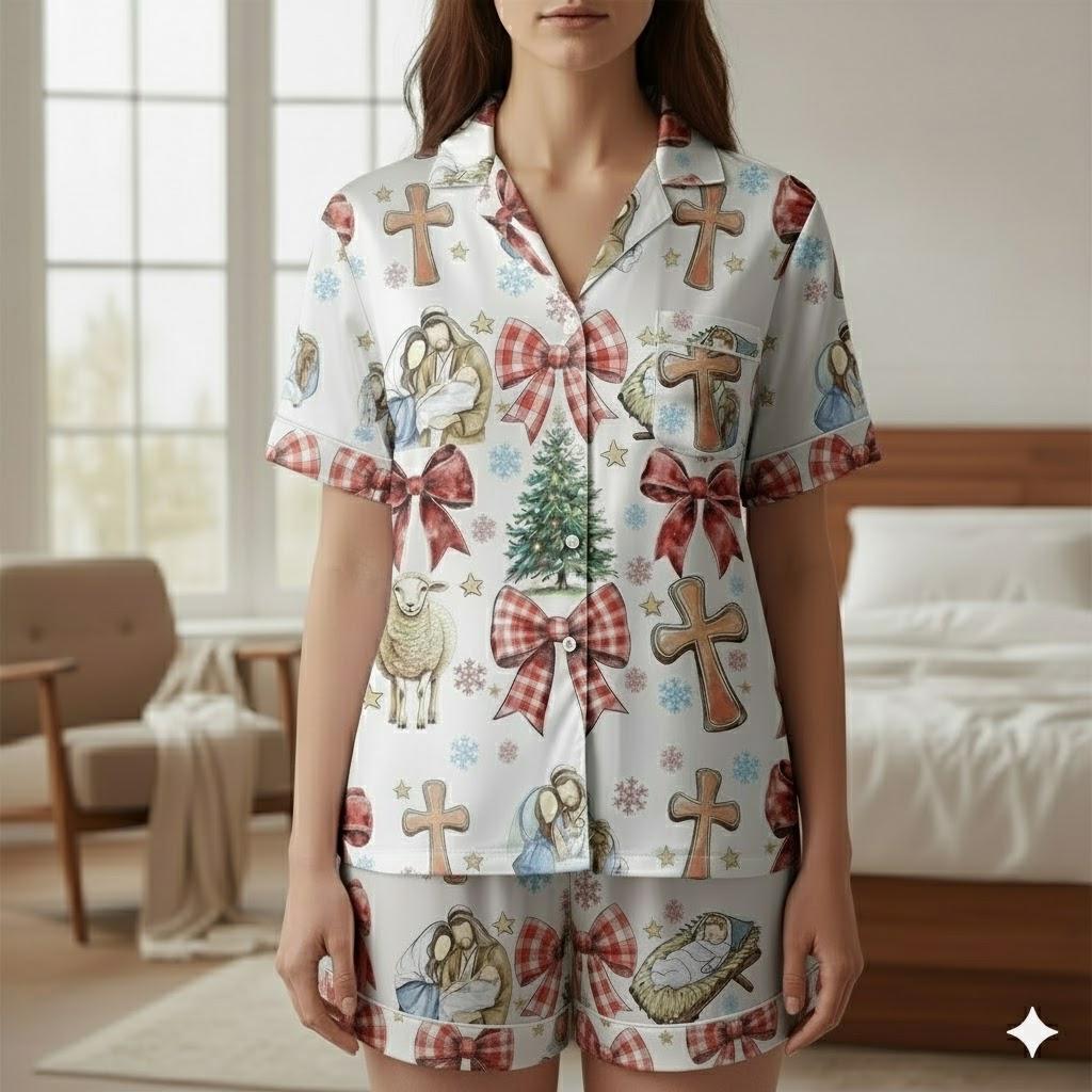 Coquette Nativity Scene Christmas Satin Pajamas Set, Family Matching Pajamas, Joy To The World, Oh Holy Night Pjs, Christian Religous Gift