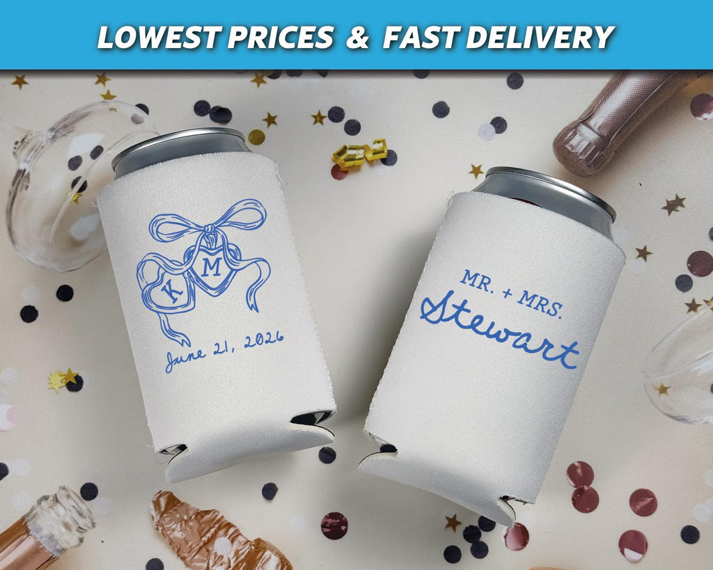 Custom Wedding Can Coolers, Whimsical Heart Locket Neoprene Huggers, Mr and Mrs Keepsake, Custom Initial Favors