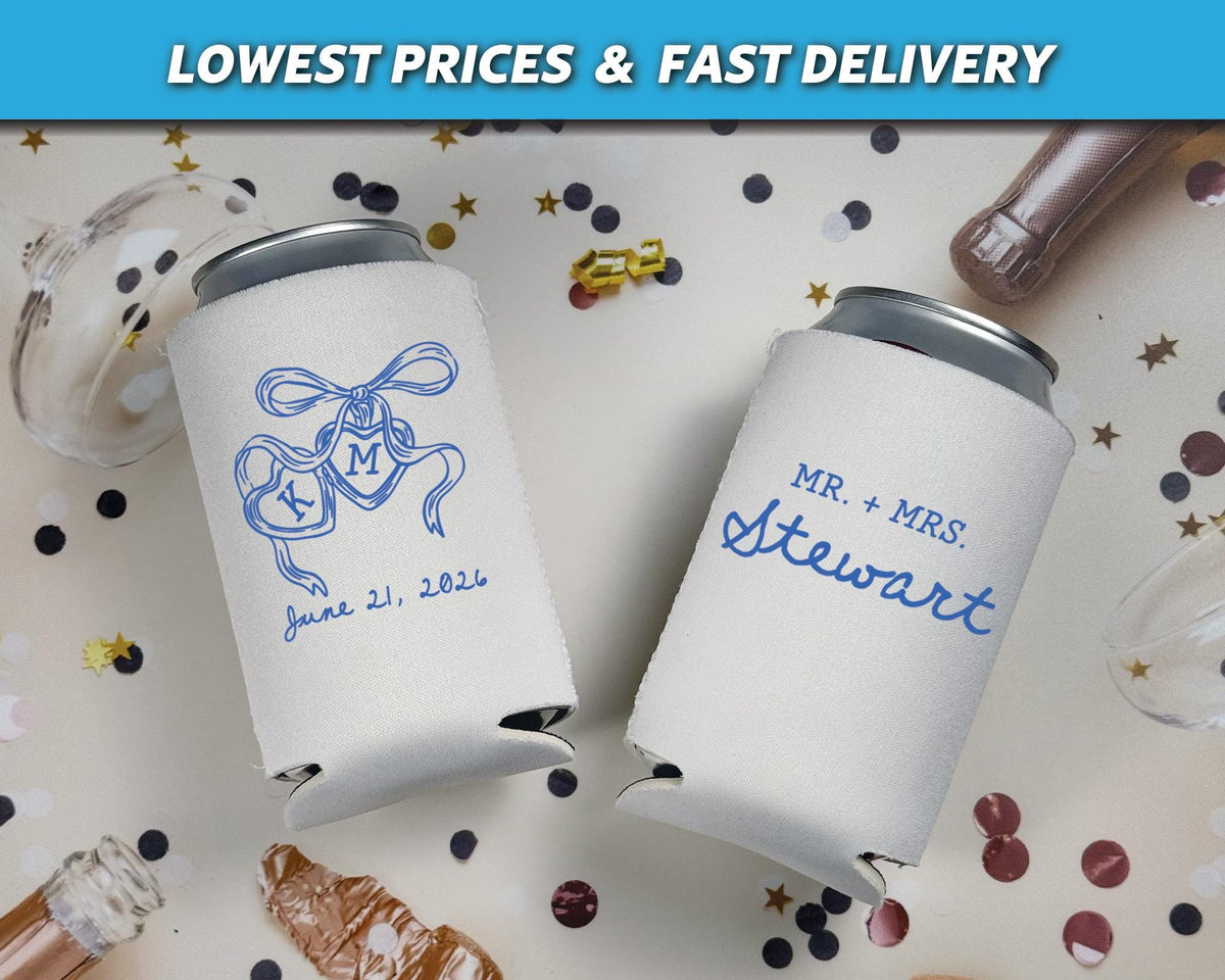Custom Wedding Can Coolers, Whimsical Heart Locket Neoprene Huggers, Mr and Mrs Keepsake, Custom Initial Favors