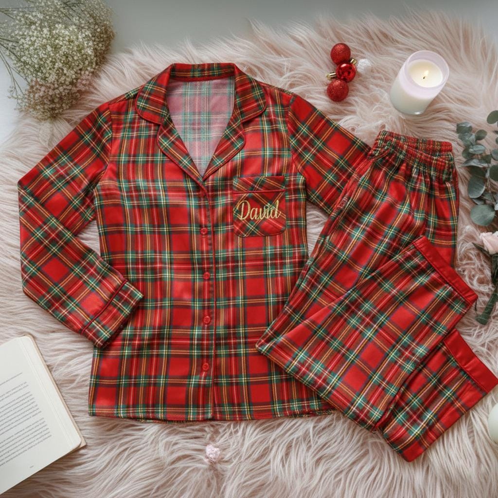 Custom Name Christmas Plaid Satin Pajamas Set, Personalized Pajamas, Christmas Pajamas, Family Matching Pajamas, Holiday Pjs, Couple Pajamas