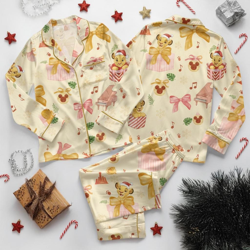 Cute Coquette Simba Christmas Satin Pajamas Set, Lion King Pajamas Set,Disney Matching Family Pajamas,Holiday Sleepwear,Disney Christmas pjs