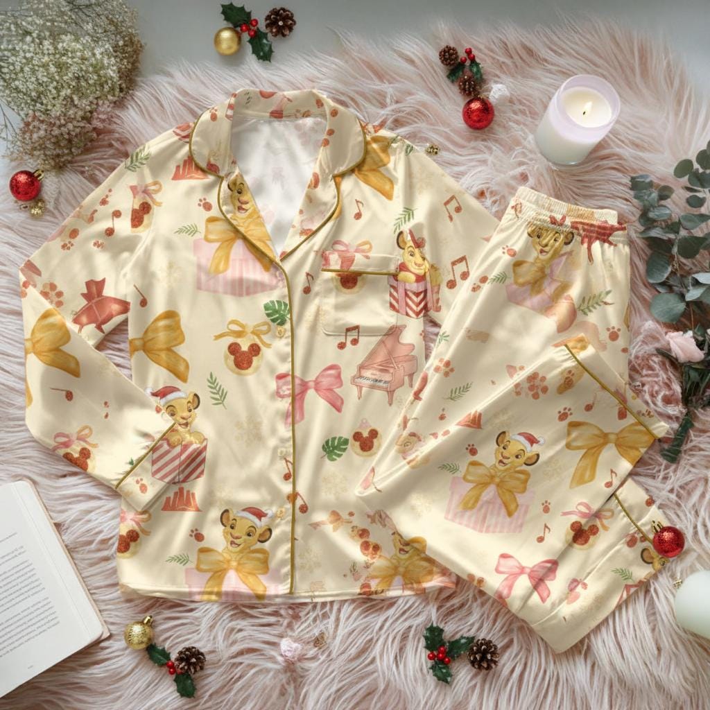 Cute Coquette Simba Christmas Satin Pajamas Set, Lion King Pajamas Set,Disney Matching Family Pajamas,Holiday Sleepwear,Disney Christmas pjs
