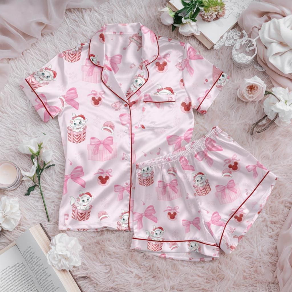 Coquette Bow Marie Cat Christmas Satin Pajamas Set, Marie The Aristocats Pijama Set, Disneyland Matching Pajamas, Girly Disney Sleepwear