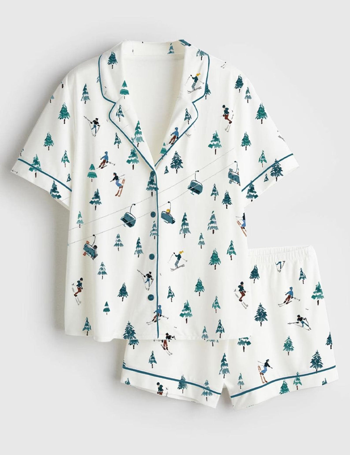 Apres Ski Mountains Satin Pajama Set, Pajamas Après Ski Mountains, Short Sleeve Mountain Pajamas, Pjs Gift for Her Winter Holiday Sleepwear