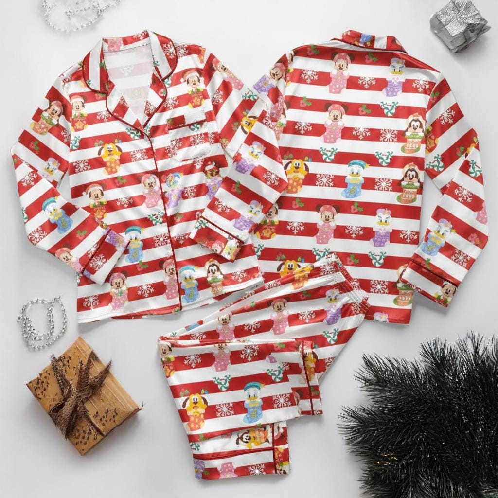 Mickey & Friends Christmas Satin Pajamas Set, Disney Very Merry Christmas Stockings Pjs, Disney Christmas Party Pajamas, Family Matching Pjs