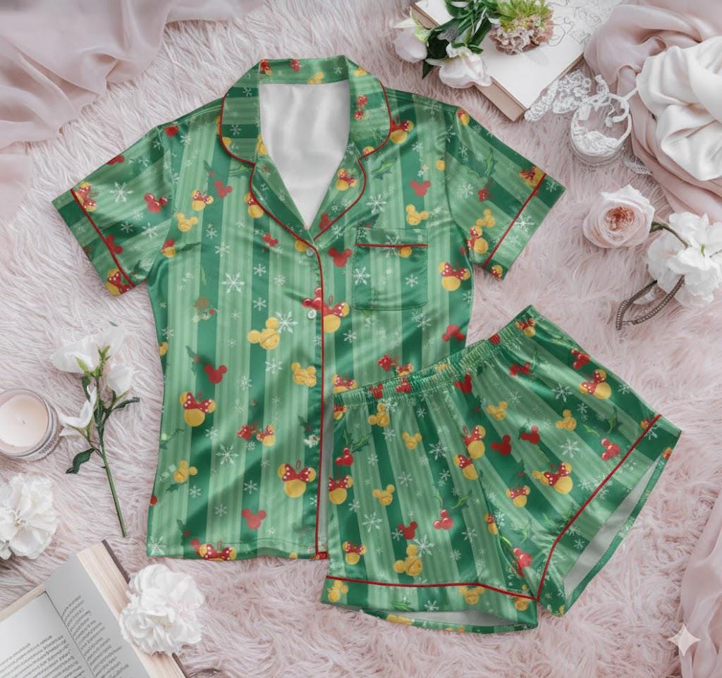 Mickey & Minnie Mouse Jingle Bells Satin Pajamas Set, Cozy Season Sleepwear, Mickey Christmas Heads Pajamas, WDW Cartoon Pajamas, Disney pjs