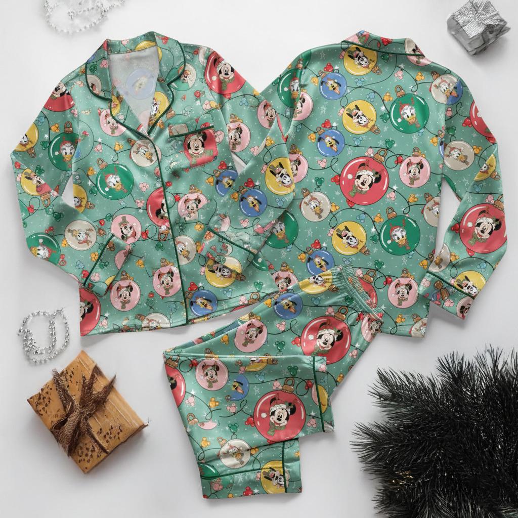 Mickey & Friends Ornament Ball Satin Pajamas Set, Cozy Season Sleepwear, Mickey Christmas Lights Pajamas, WDW Cartoon Pajamas,Disney Pajamas