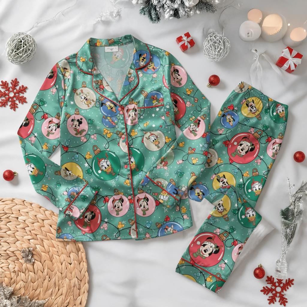 Mickey & Friends Ornament Ball Satin Pajamas Set, Cozy Season Sleepwear, Mickey Christmas Lights Pajamas, WDW Cartoon Pajamas,Disney Pajamas