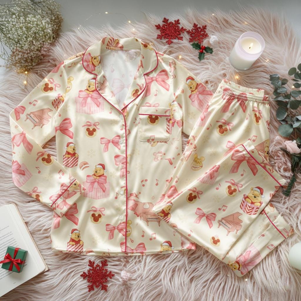 Winnie the Pooh Christmas Satin Pajamas Set, Cute Coquette Pooh Bear Pajamas Set, Disney Matching Family Pajamas, Disney Christmas pjs