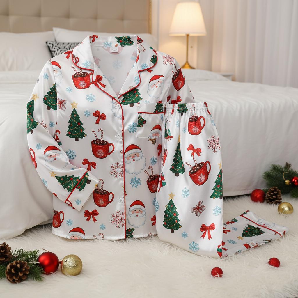Coquette Bow Christmas Pajamas Set, Santa and Christmas Tree Sleepwear, Family Matching Pyjamas, Coquette Pajamas, Christmas Loungewear
