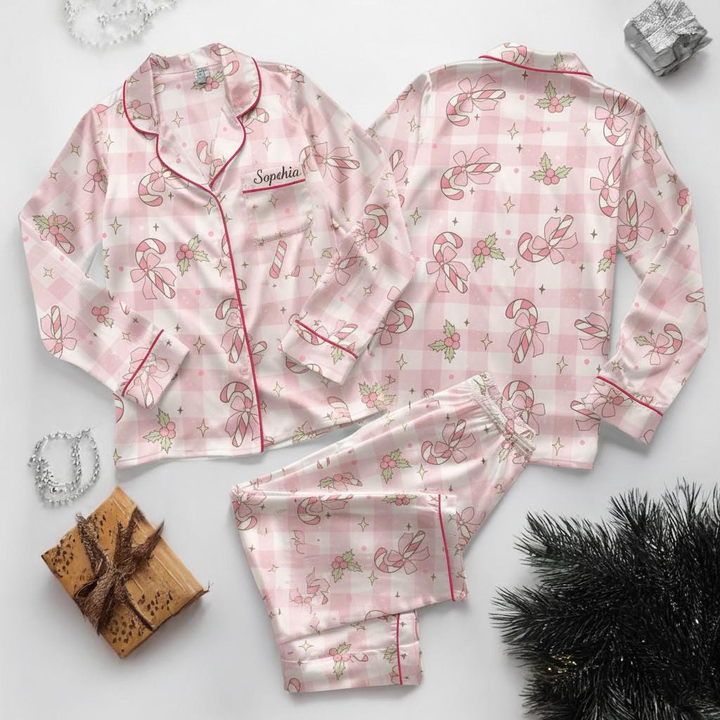 Candy Cane Christmas Print Satin Pajamas Set, Family Christmas Pajamas, Holiday Pajamas, Christmas Pajamas, Family Christmas Pjs