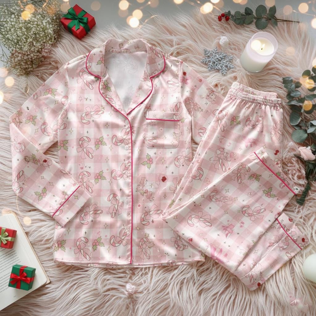 Candy Cane Christmas Print Satin Pajamas Set, Family Christmas Pajamas, Holiday Pajamas, Christmas Pajamas, Family Christmas Pjs
