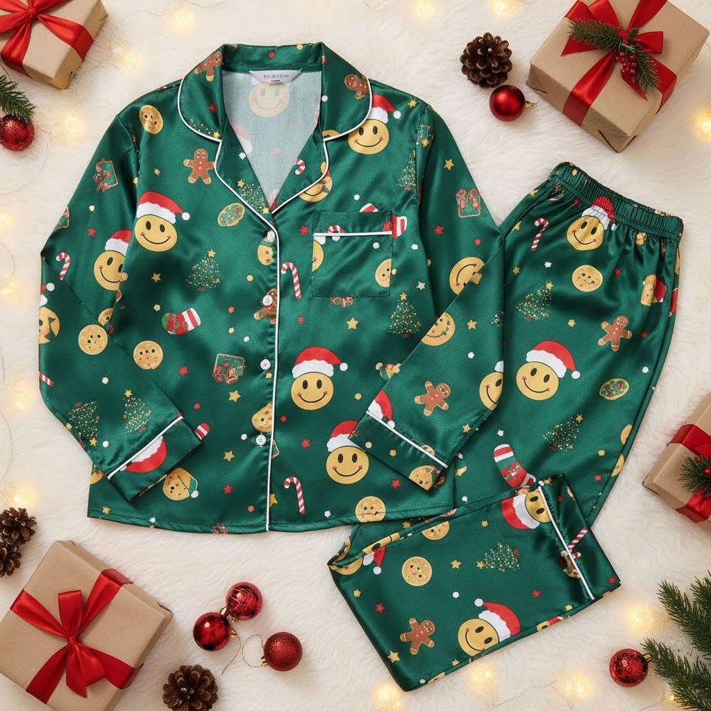 Christmas Smiley Face Satin Pajamas Set, Happy Christmas Pajamas Set, Christmas Sleepwear, Christmas pjs for Family, Christmas Gifts