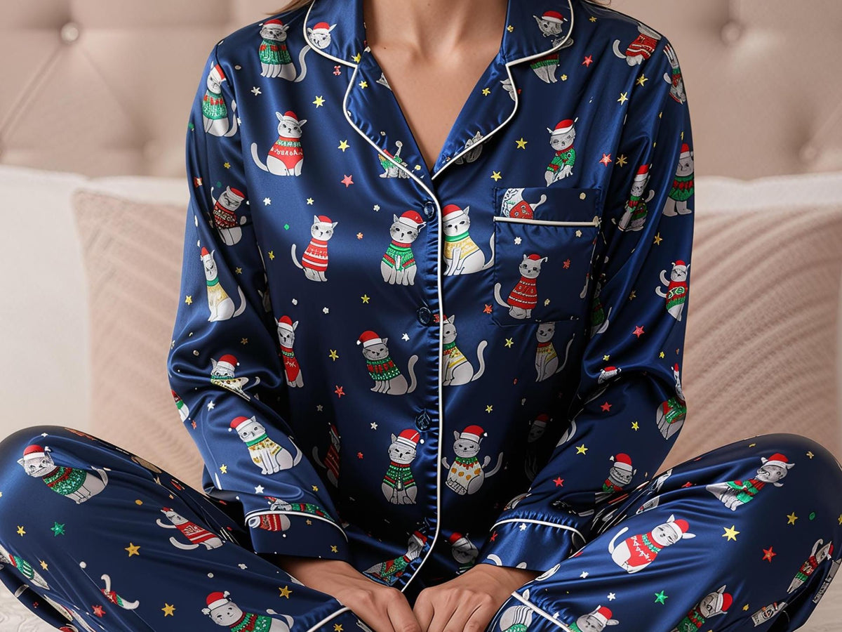 Christmas Cat Satin Pajamas Set, Christmas Pajamas, Christmas Family Matching Pajamas, Merry Christmas Pajamas, Cute Cat Cozy Season Pajamas