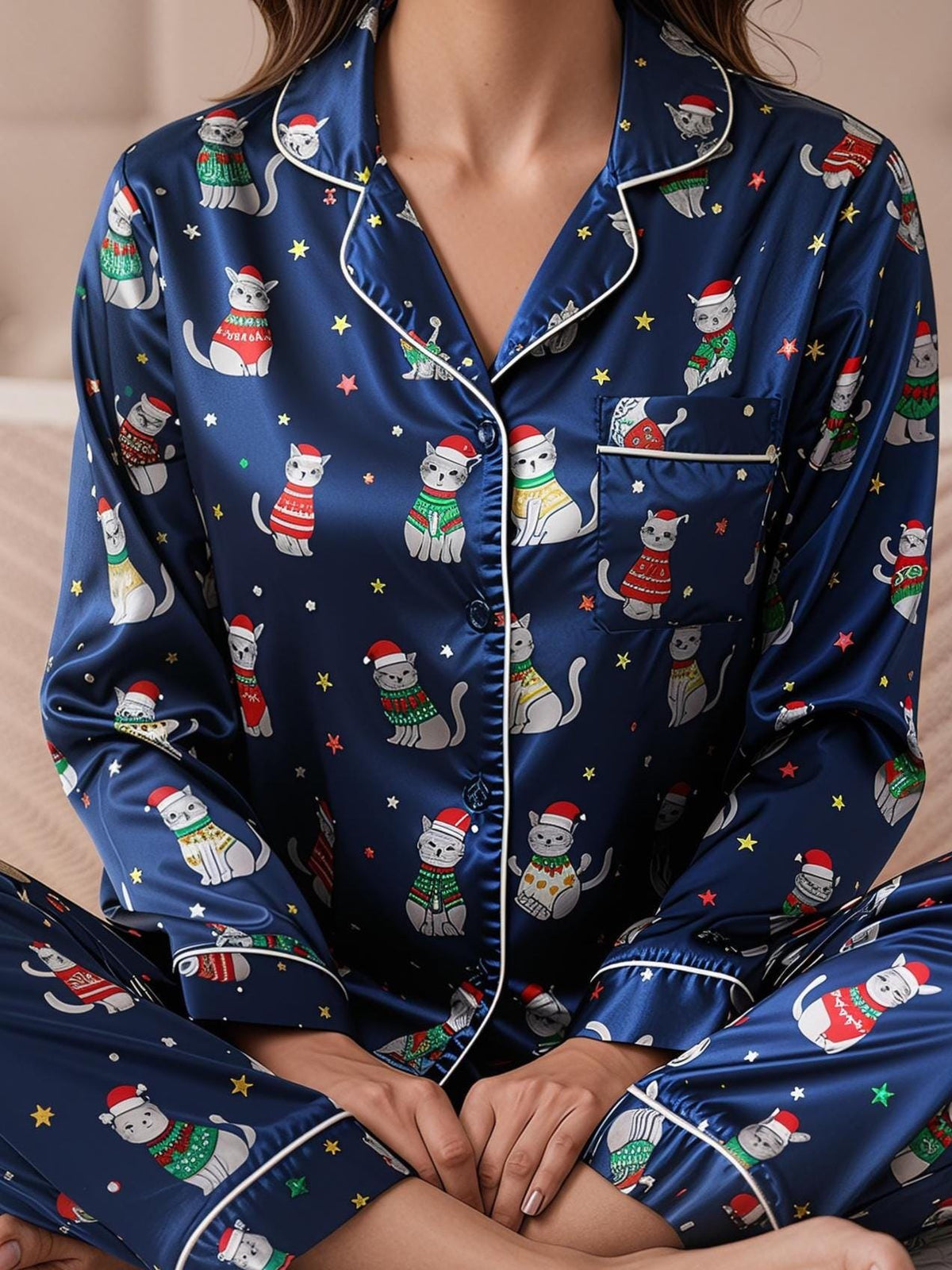 Christmas Cat Satin Pajamas Set, Christmas Pajamas, Christmas Family Matching Pajamas, Merry Christmas Pajamas, Cute Cat Cozy Season Pajamas