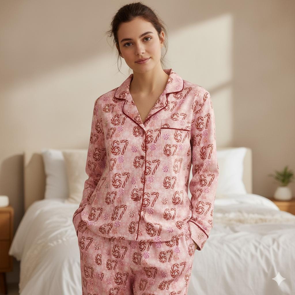 Funny 67 Candy Canes Christmas Satin Pajamas Set, Trendy Christmas Sleepwear, 6 7 Meme Holiday Pajama, Six Seven Pajama, Family Xmas Pajamas