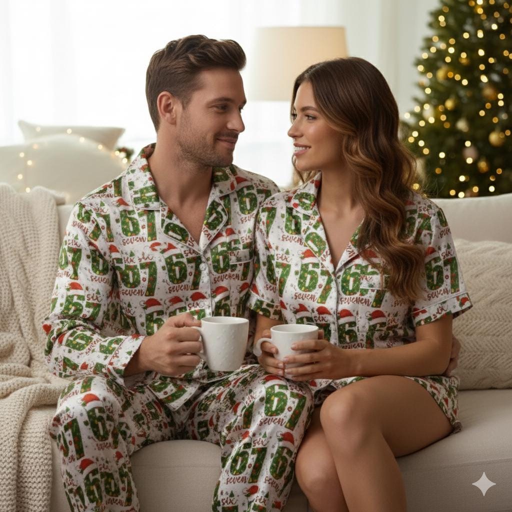 Funny 67 Christmas Satin Pajamas Set, Trendy Christmas Sleepwear, 6 7 Meme Xmas Pajamas, Funny Six Seven Pajamas, Family Christmas Pajamas