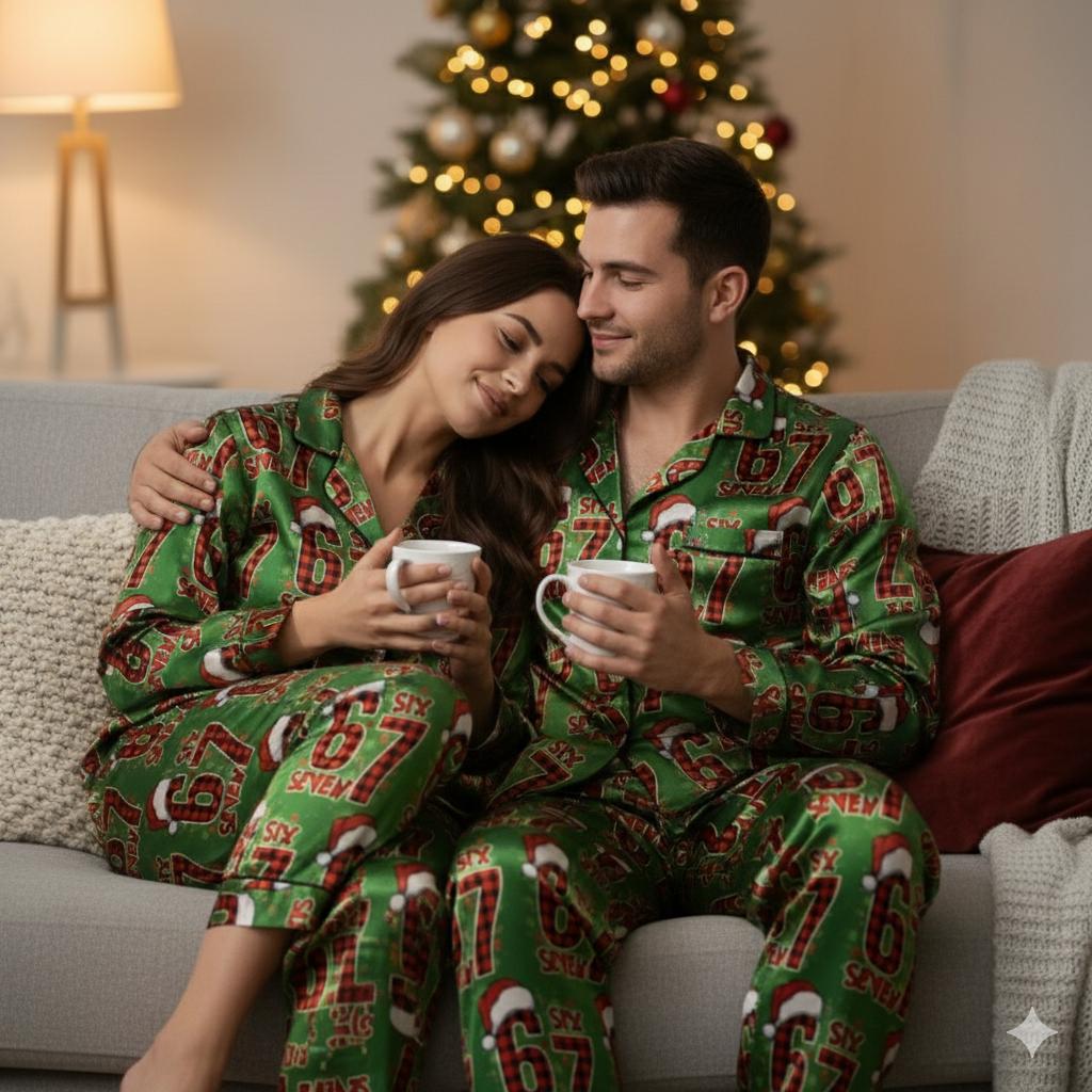 Funny 67 Plaid Christmas Satin Pajamas Set, Trendy Christmas Sleepwear, 6 7 Meme Pajamas, Six Seven Xmas Pajamas, Family Christmas Pajamas