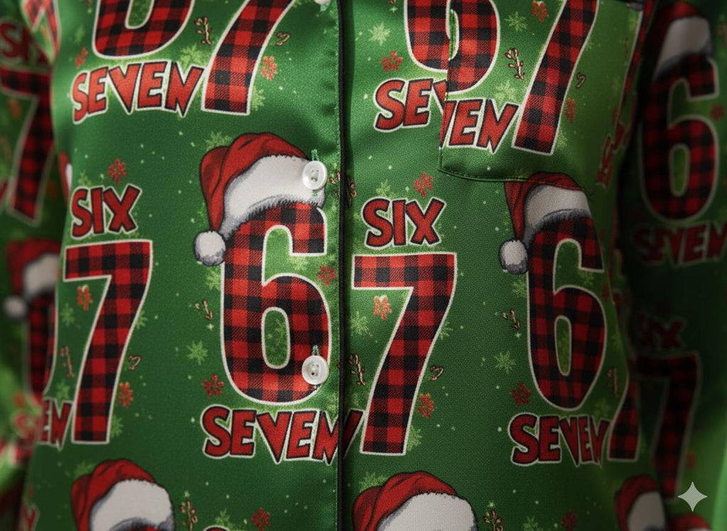Funny 67 Plaid Christmas Satin Pajamas Set, Trendy Christmas Sleepwear, 6 7 Meme Pajamas, Six Seven Xmas Pajamas, Family Christmas Pajamas
