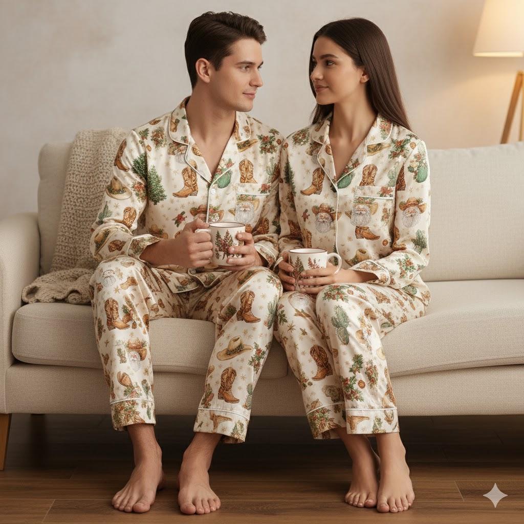 Christmas Cowboy Satin Pajamas Set, Western Christmas Pajamas, Family Xmas Matching Pyjama, Cowboy Santa Pjs, Western Rodeo Themed Pajamas