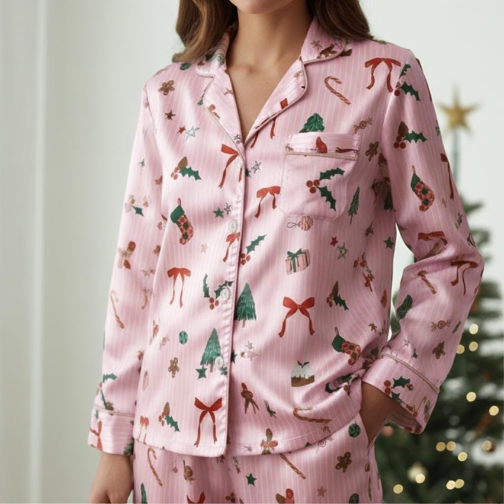 Christmas Pink Satin Pajamas Set, Coquette Pajama, Cute Holiday Sleepwear Set, Xmas Family Matching Satin Pajama, Festive Christmas Pajamas