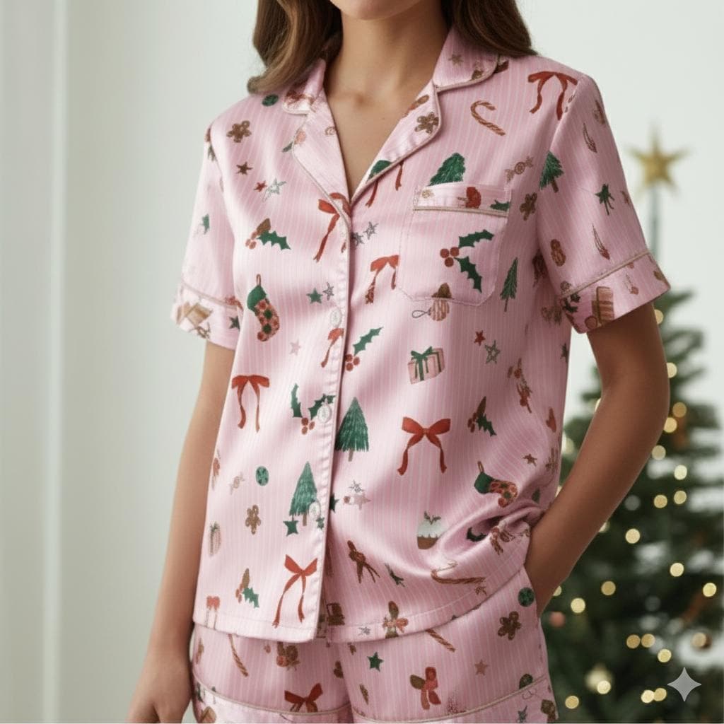 Christmas Pink Satin Pajamas Set, Coquette Pajama, Cute Holiday Sleepwear Set, Xmas Family Matching Satin Pajama, Festive Christmas Pajamas