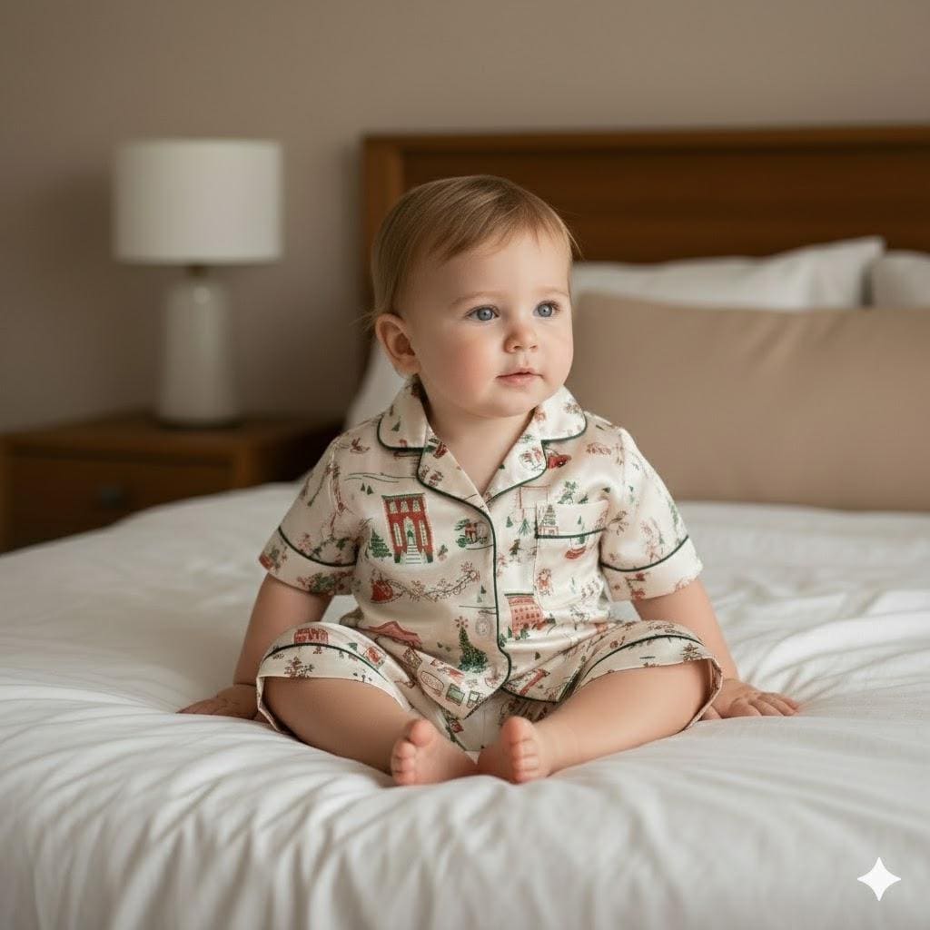 North Pole Village Express Satin Pajamas Set, Vinatge Christmas Pajamas, Santa Claus Xmas Sleepwear, Christmas Pajamas, Christmas Family Pjs