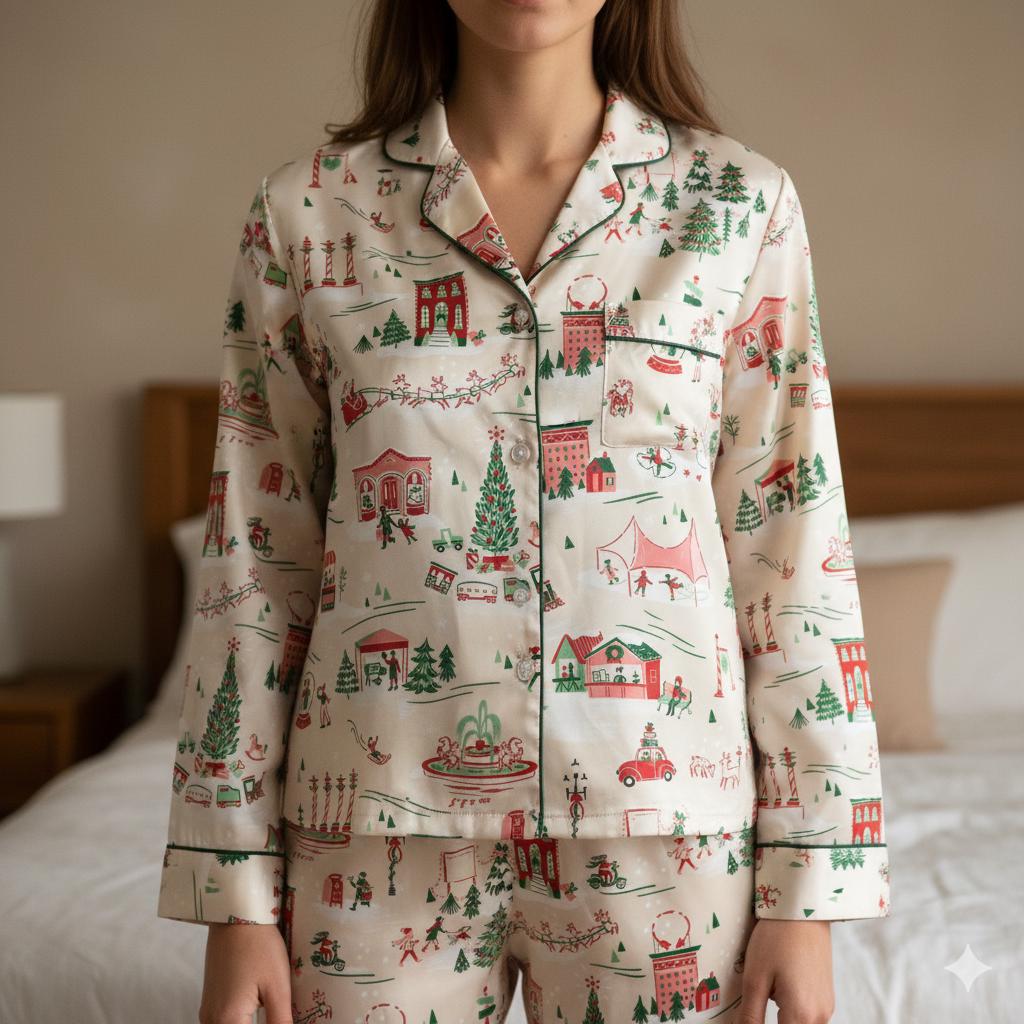 North Pole Village Express Satin Pajamas Set, Vinatge Christmas Pajamas, Santa Claus Xmas Sleepwear, Christmas Pajamas, Christmas Family Pjs