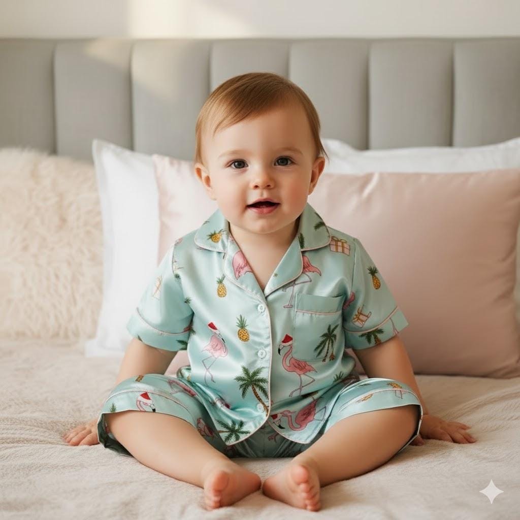 Tropical Flamingo Palm Tree Christmas Satin Pajamas Set, Beach Christmas Satin Pajamas, Christmas Loungewear, Matching Family Xmas Sleepwear