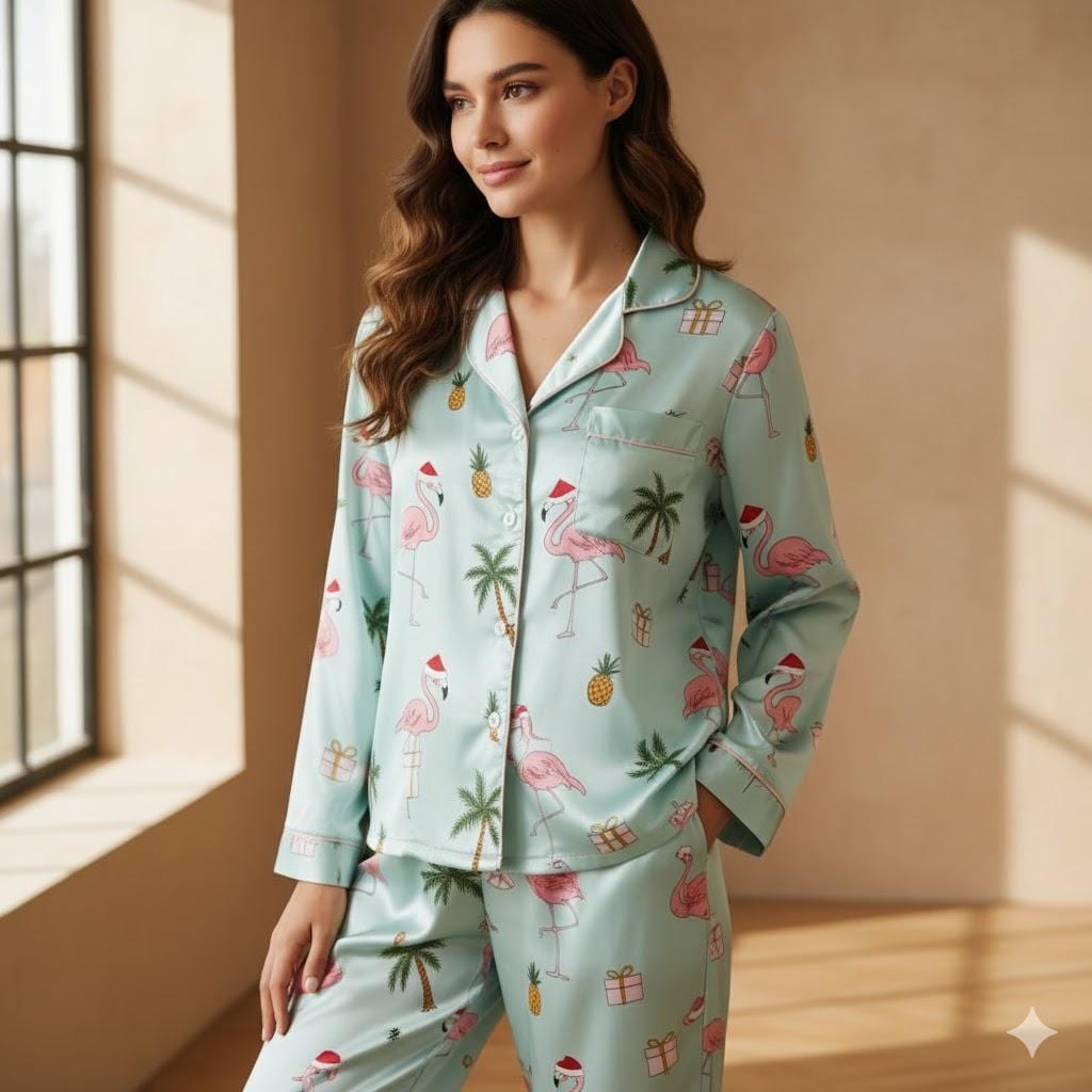 Tropical Flamingo Palm Tree Christmas Satin Pajamas Set, Beach Christmas Satin Pajamas, Christmas Loungewear, Matching Family Xmas Sleepwear