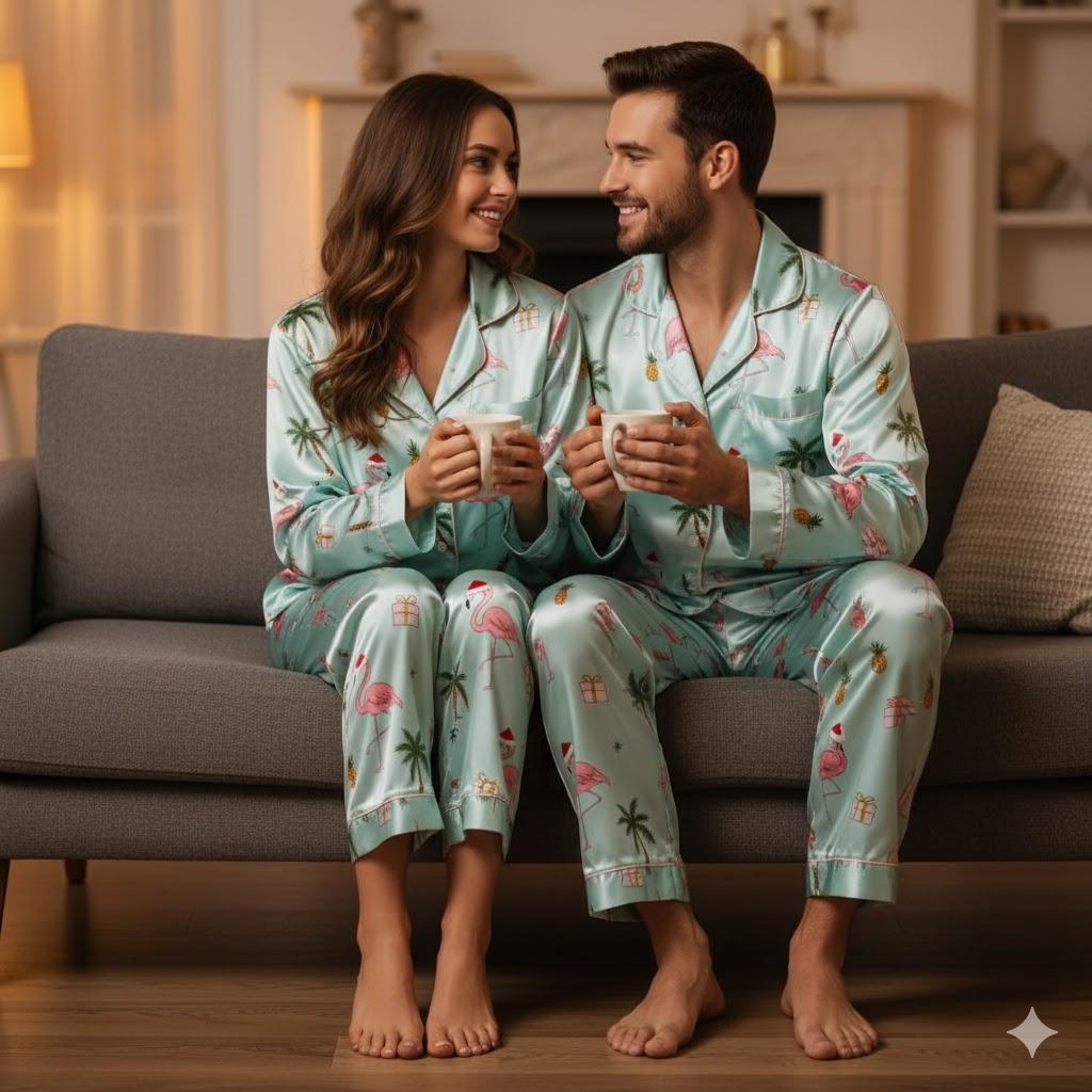 Tropical Flamingo Palm Tree Christmas Satin Pajamas Set, Beach Christmas Satin Pajamas, Christmas Loungewear, Matching Family Xmas Sleepwear