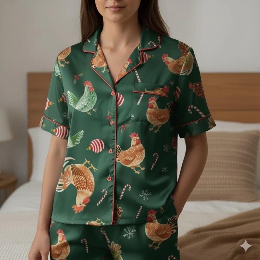 Christmas Chicken Satin Pajamas Set, Christmas Family Matching Pajama Set, Chicken Xmas Pajamas, Farmer Christmas Pajama, Merry Chickmas Pjs