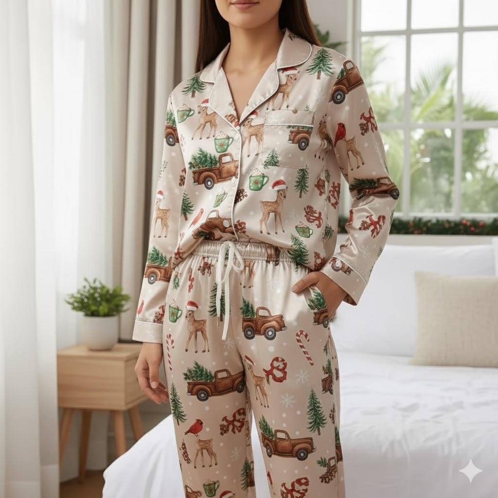 Deer Farm Christmas Satin Pajamas Set, Cardinal Bird with Hot Cocoa Pajama, Christmas Truck Pajamas, Christmas Pajamas, Family Christmas Pjs