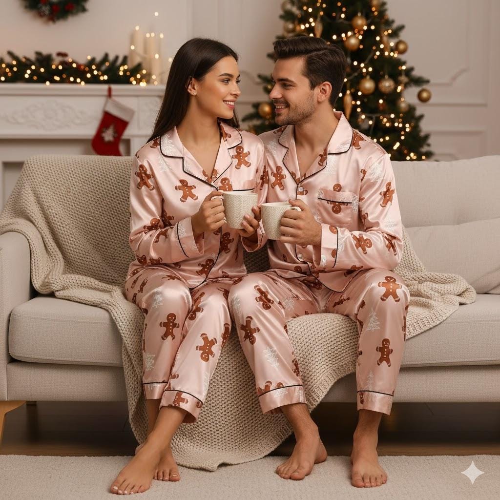 Gingerbread Satin Pajamas Set, Christmas Pajamas, Christmas Family Matching Pajamas Set, Christmas Party Pajamas, Family Matching Sleepwear