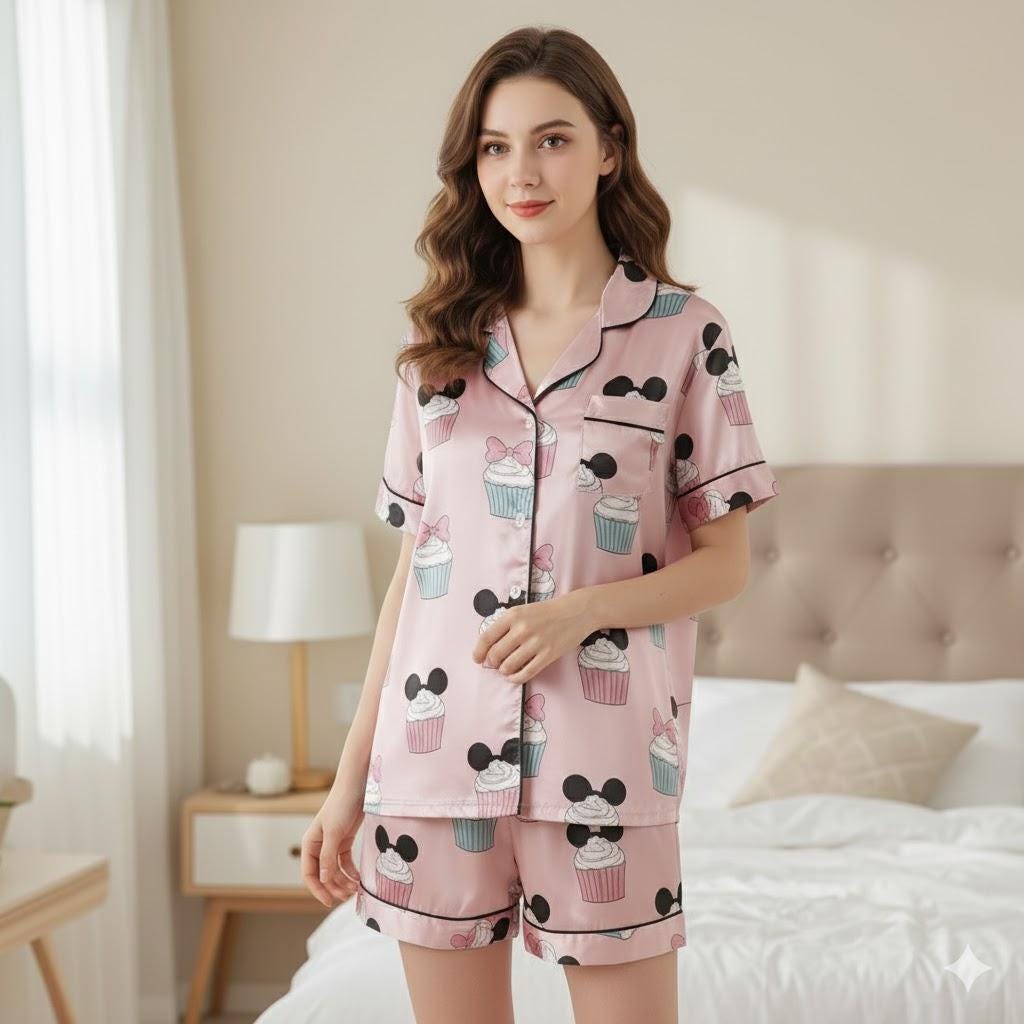 Mickey Mouse Christmas Cupcake Satin Pajamas Set, Christmas Pajamas, Very Merry Christmas Pjs, Disneyland Xmas Pajamas, Disneyu Cupcake Pjs