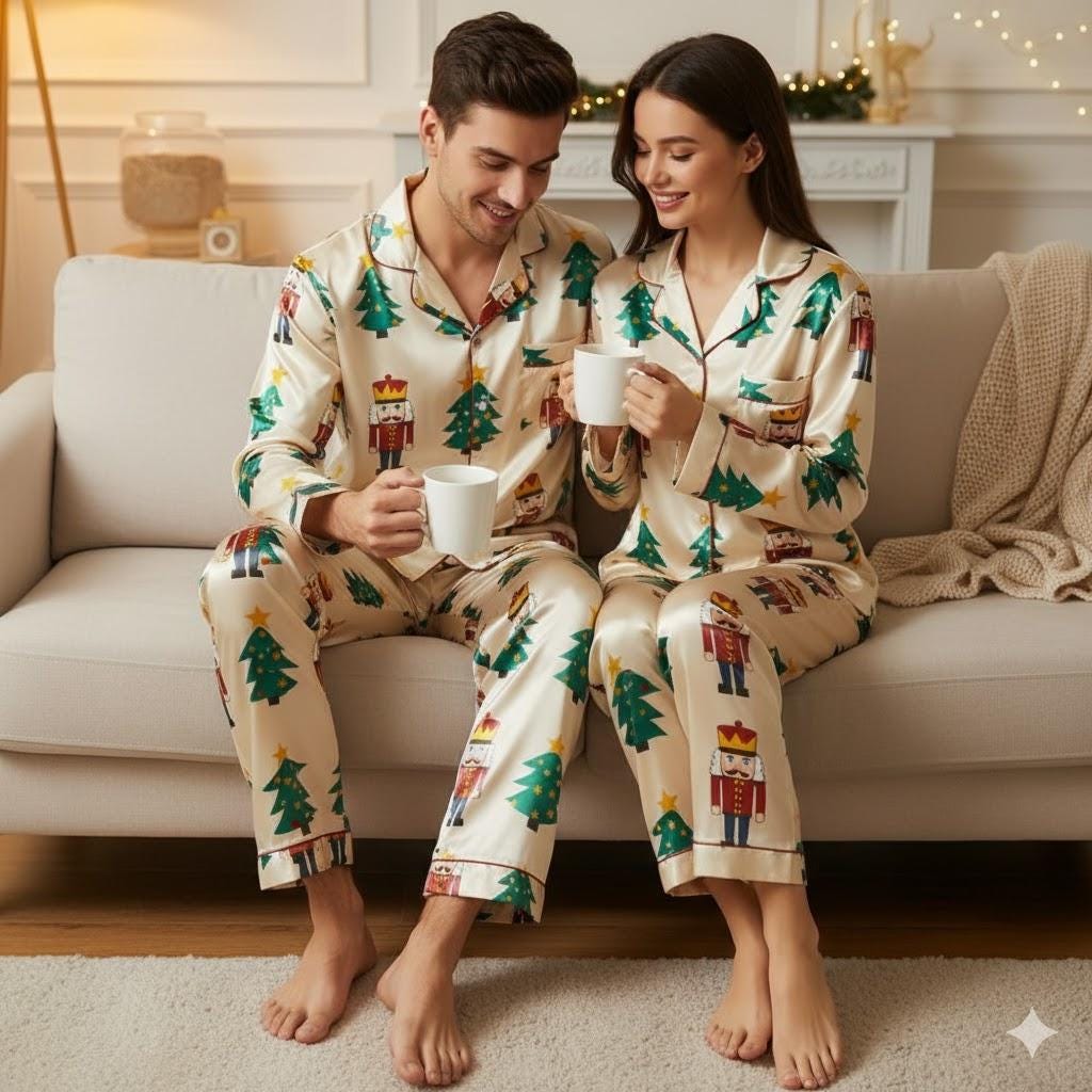 Nutcracker Christmas Tree Satin Pajamas Set, Christmas Pajamas, Christmas Nutcracker Pajamas, Nutcracker Pajamas, Family Christmas Pajamas