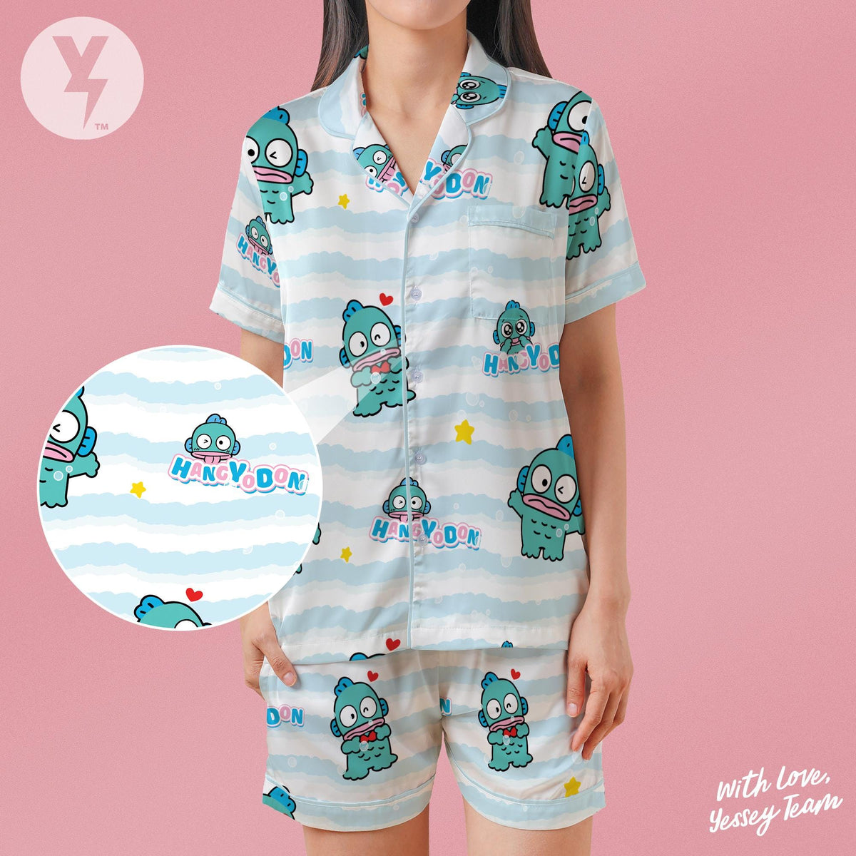 Little Blue Fish Pajamas Set, Japan Kawaii Sleepwear, Japan Character Shirt, Family Matching Pajamas shirt
